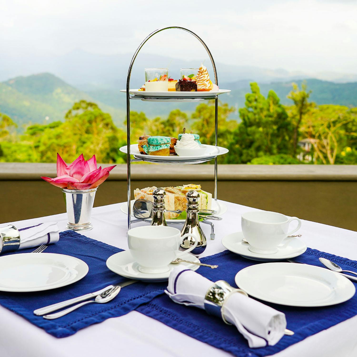 High tea in Kandy Sri Lanka overlooking Hanthana Mountain Range